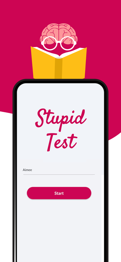 BFF Test: Best Friend Quiz - Interfaz del cuestionario Stupid Test mostrando un campo de entrada de nombre y un botón de inicio rosa.