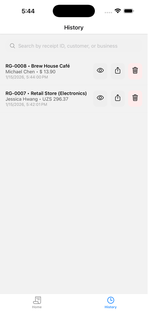 Pantalla de historial que muestra una lista de recibos generados con opciones de búsqueda y compartición