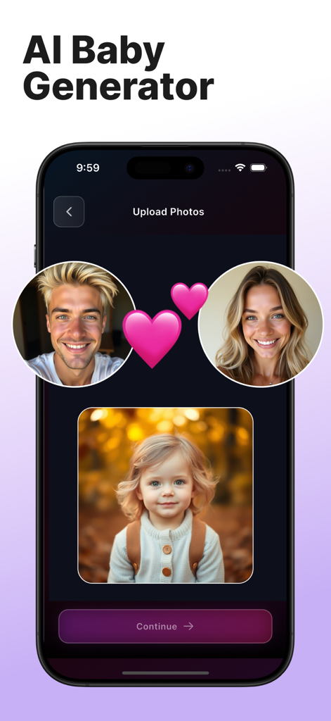 Interface du générateur de bébé IA montrant les photos des parents et leur futur enfant prédit