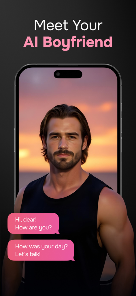 FriendX mobile app showing a handsome virtual AI boyfriend with romantic chat messages