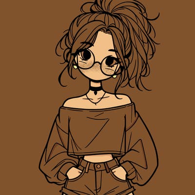 girl with a messy ponytail glasses a baggy crop top and jean shorts