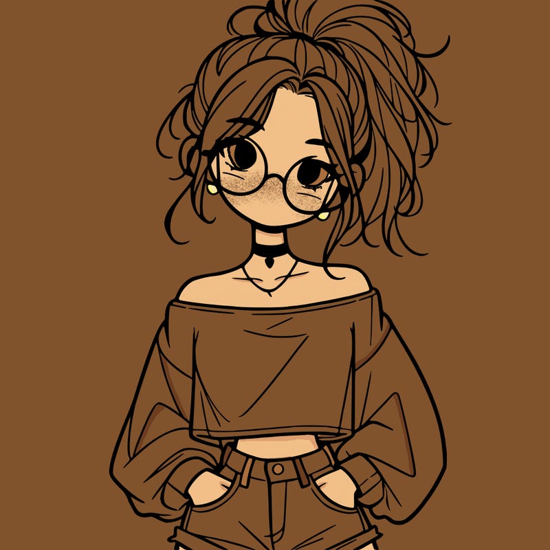 girl with a messy ponytail glasses a baggy crop top and jean shorts