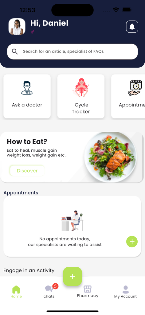 Bisa - Home screen of the Bisa health app featuring medical consultation and health tracking tools