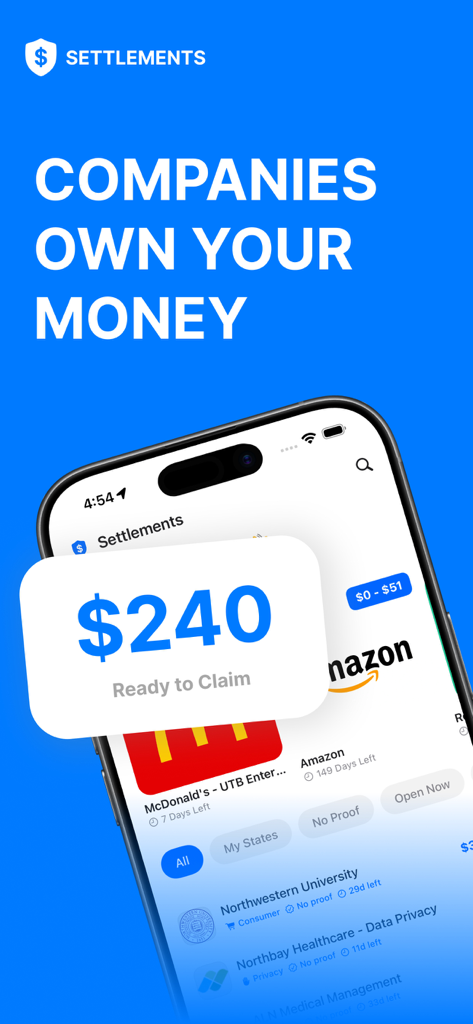 SettleMate: Claim Your Money - SettleMate app screenshot showing companies that owe money and a ready to claim settlement amount