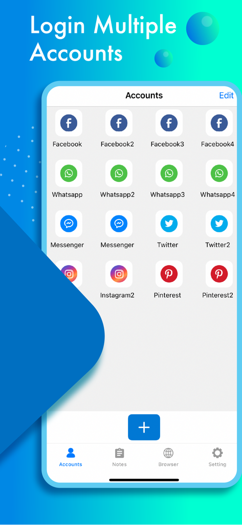 Dual Space WA Web Whats - Painel do aplicativo Dual Space mostrando várias contas de mídia social clonadas como Facebook e WhatsApp em uma tela