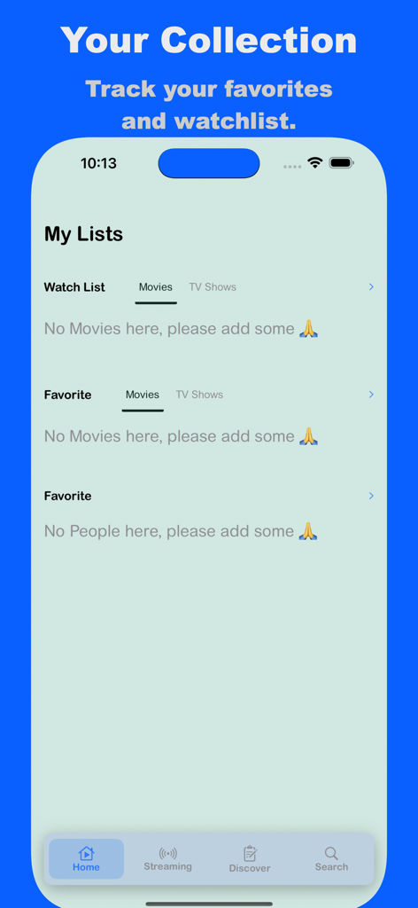 Screenshot of the FlixHub app My Lists screen showing sections for tracking a movie watchlist and favorite shows