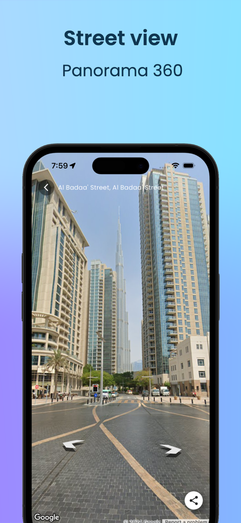 Street View - Panorama 360° - Interface d'une application mobile affichant un panorama de rue à 360 degrés d'une rue de ville avec le Burj Khalifa en arrière-plan