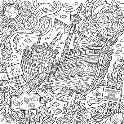 Explore a mesmerizing underwater world with this Earth Day shipwreck coloring page, blending maritime mystery with vital environmental messages. Perfect for inspiring creativity while promoting ocean conservation.