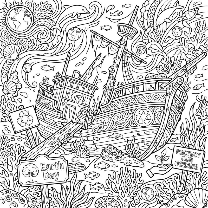Explore a mesmerizing underwater world with this Earth Day shipwreck coloring page, blending maritime mystery with vital environmental messages. Perfect for inspiring creativity while promoting ocean conservation.