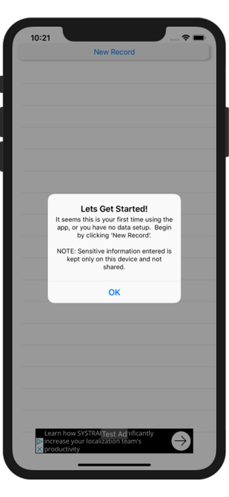 Prepaid Credit Card Balances - Pantalla de bienvenida de la aplicación Saldos de Tarjetas de Crédito Prepago con una ventana emergente de aviso de privacidad