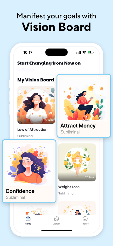 Subliminal: Manifest Goals - Interface de quadro de visualização do aplicativo Subliminal Manifest Goals mostrando categorias de afirmação
