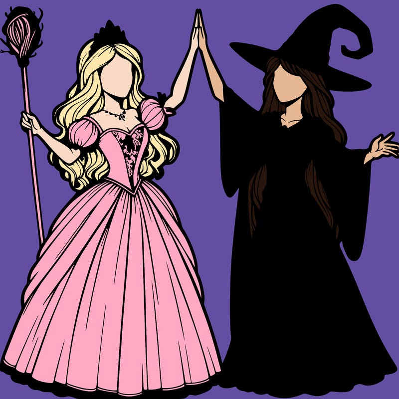 detailed realistic split of a princess and a witch