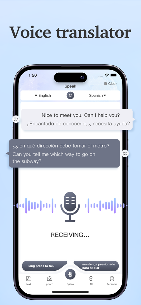 translation-Global translation - Mobile app interface showing a real-time voice translation dialogue between English and Spanish with speech wave icons.