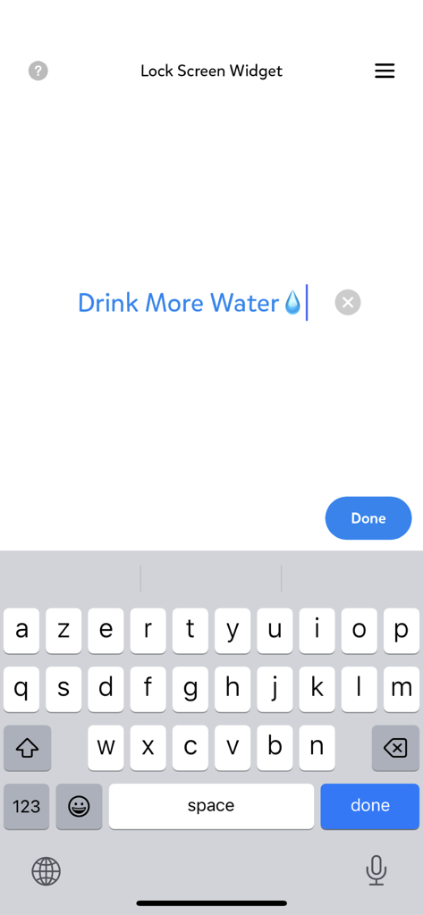 Any Text Widget - Interfaz de Any Text Widget mostrando a un usuario escribiendo un recordatorio para Beber Más Agua para su pantalla de bloqueo.