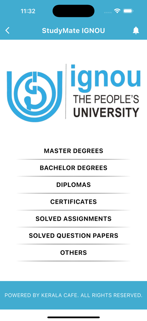 SMate Ignou - StudyMate IGNOUアプリのホーム画面。修士課程、学士課程、解答済みの課題へのリンクが表示されています。