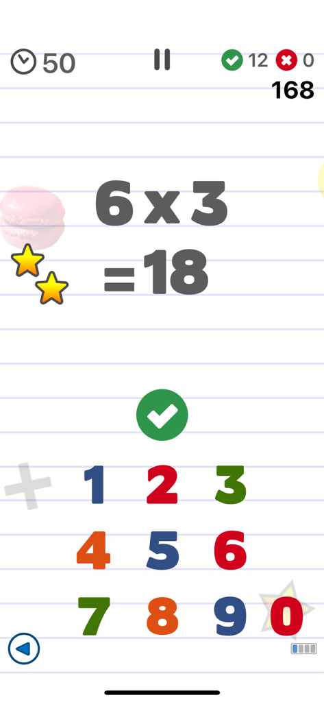 Math games for kids. - Multiplication game interface showing 6 times 3 equals 18 with a colorful number pad.