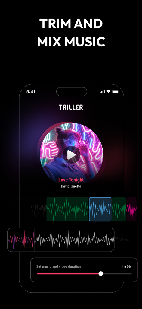 Triller app screen showing the trim and mix music interface with audio waveforms and video duration settings