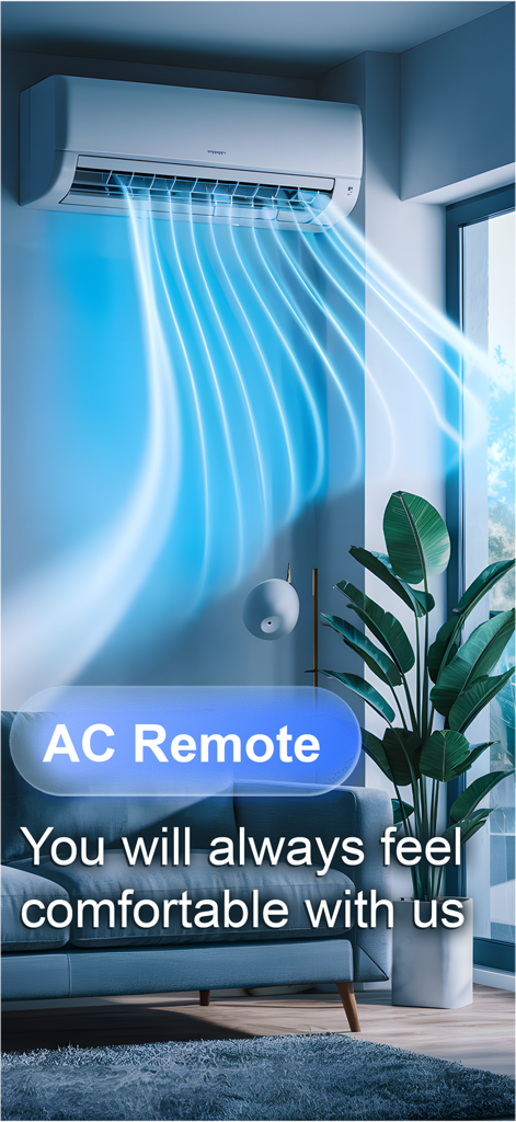 Modern air conditioner blowing cool air in a cozy living room with AC Remote text