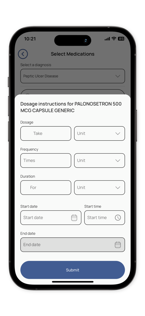 My.Doctor - Bildschirm für Dosierungs- und Häufigkeitsanweisungen für Medikamente für Ärzte
