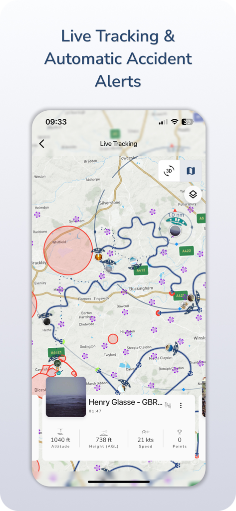 Gaggle app interface showing live flight tracking on a map with altitude and speed telemetry.