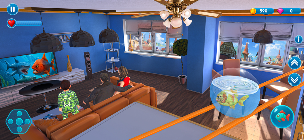 Go Fish.io - A piranha in a water bubble sliding down a track in a living room