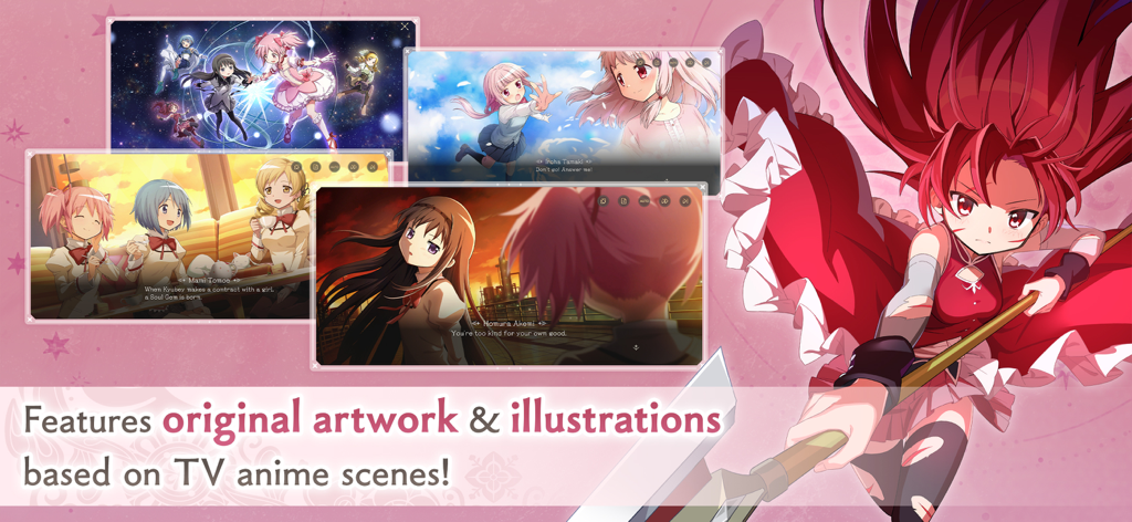 Madoka Magica Magia Exedra - Imagem promocional de Madoka Magica Magia Exedra com arte e ilustrações originais do anime com personagens da série