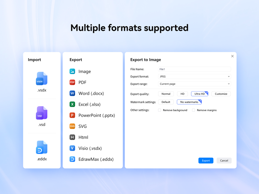 Interfaccia di EdrawMax per iPad che mostra vari formati di importazione ed esportazione, inclusi Visio e Microsoft Office