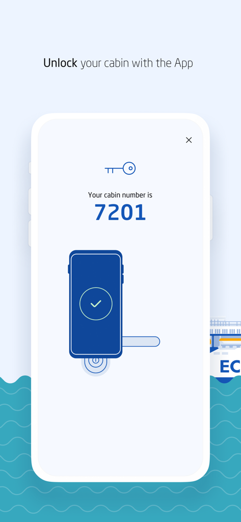 スマートフォンでフェリーのキャビンを解錠する方法を示すEckerö Lineアプリのインターフェース。