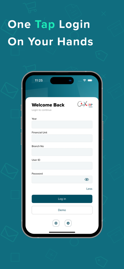 Login screen of the Onyx Pro Mobile ERP application on a smartphone