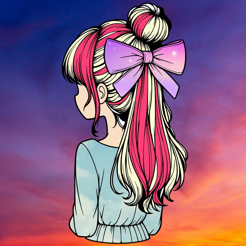 realistic girl  with hip length hair a bun and a big bow on the back of head