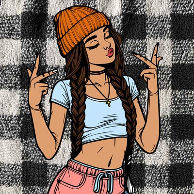 realistic teenage girl with braids and a beanie and crop top doing 🫶🏼