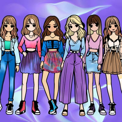 a group of realistic girls standing together in a line