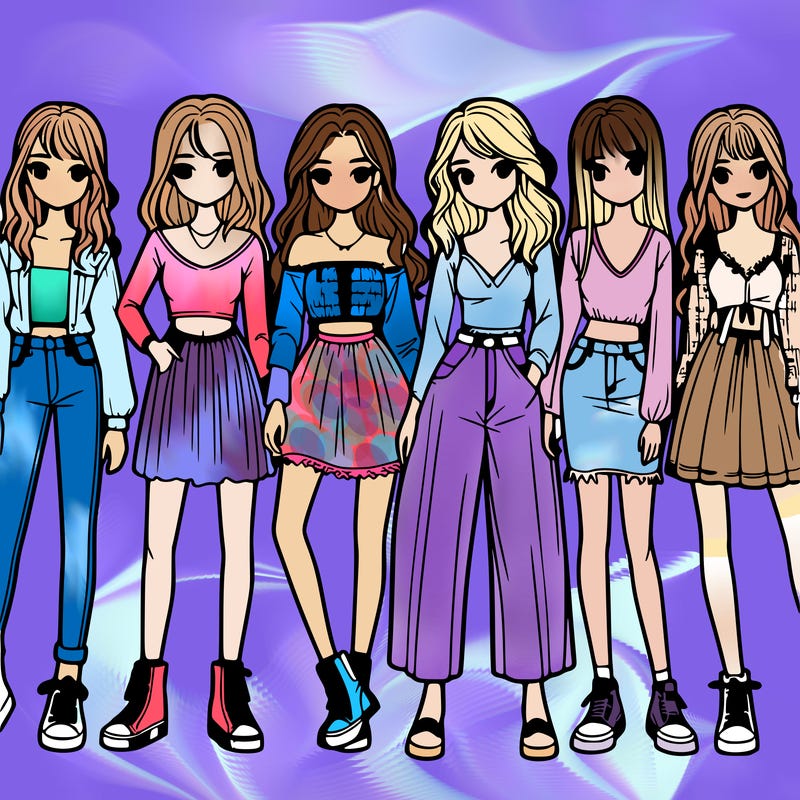 a group of realistic girls standing together in a line