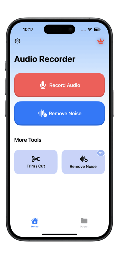 Voice Recorder AI Voice Memos - Home screen of the Voice Recorder AI app showing main features like record audio and remove noise