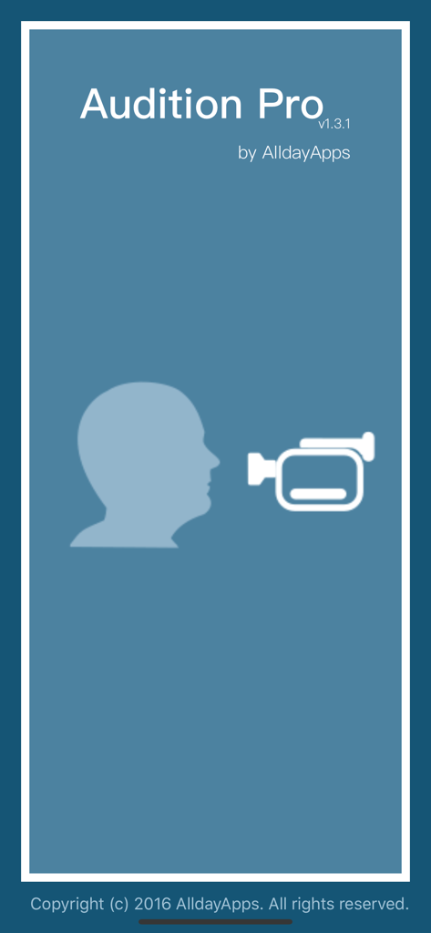 Audition Pro - A tela de introdução do Audition Pro mostrando o título do aplicativo e um ícone de silhueta de pessoa falando em uma câmera.