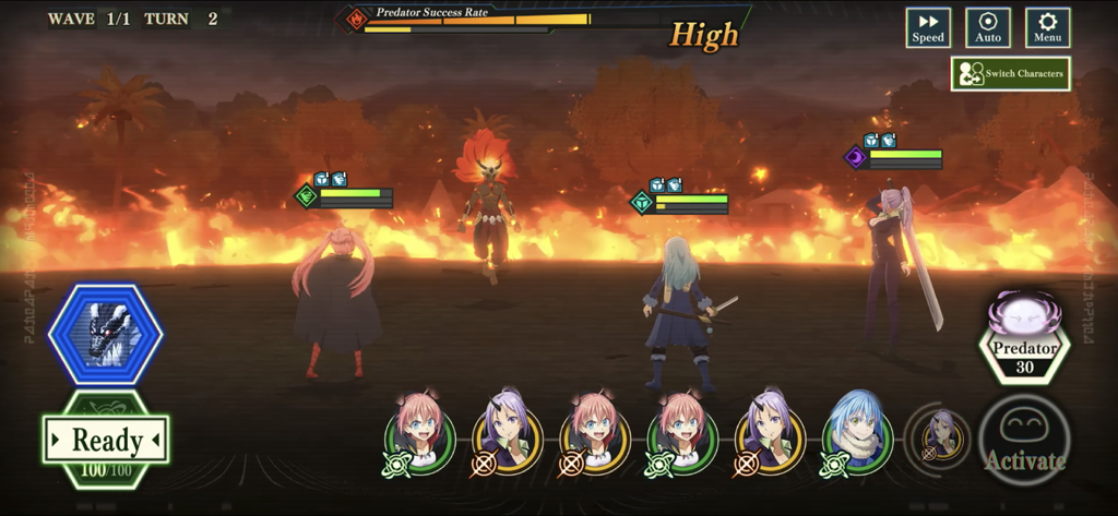 SLIME - ISEKAI Memories - Una escena de batalla 3D por turnos en SLIME - ISEKAI Memories con personajes del anime contra un fondo ardiente.