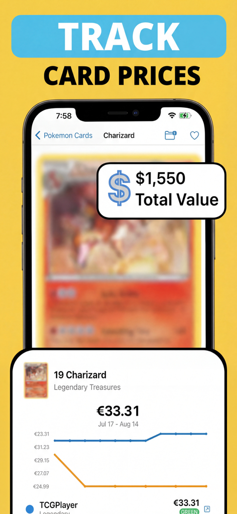 TCG Scanner Card - Pokechart - Interfaz de la aplicación Pokechart que muestra las tendencias de precios históricos y el valor de mercado de una carta de pokemon de Charizard