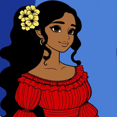 a single latina woman with a side ponytail and a long dress with ruffles. she has a few discreet flowers in her hair. realistic