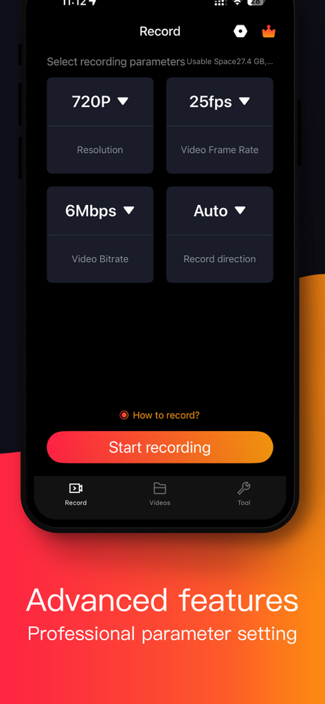 Interfaz de la aplicación Screen Recorder mostrando ajustes avanzados de resolución, tasa de fotogramas y bitrate