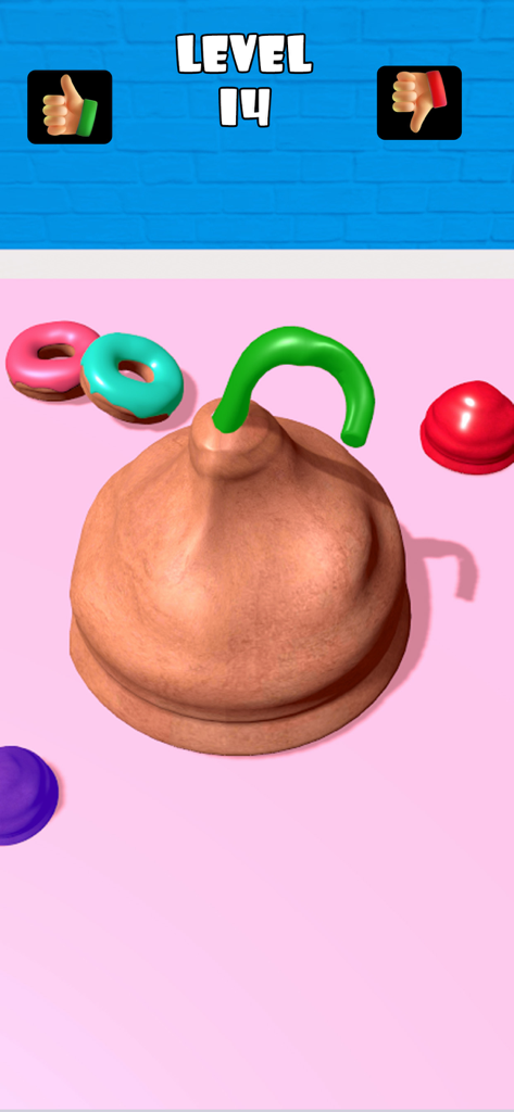 Cake Or fake Challenge! - Gameplay screenshot of Cake Or Fake Challenge showing level 14 with mystery 3D objects and voting icons