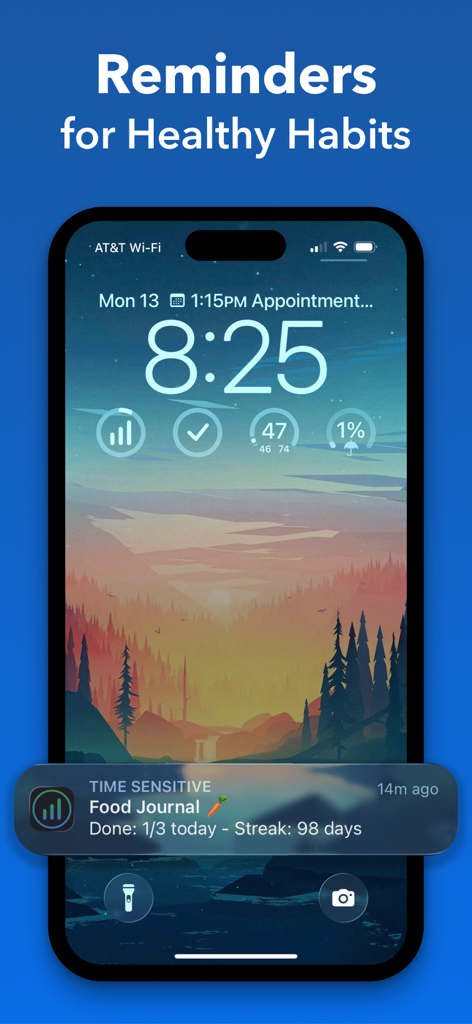 iPhone lock screen showing Strides app widgets and a food journal habit reminder with a 98 day streak.
