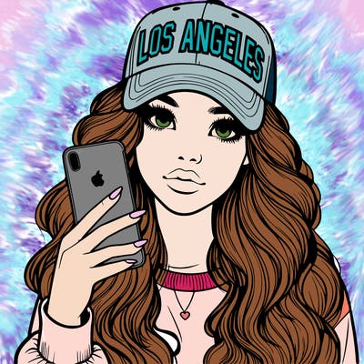 realistic beautiful girl wearing los ángeles cap holding an iphone