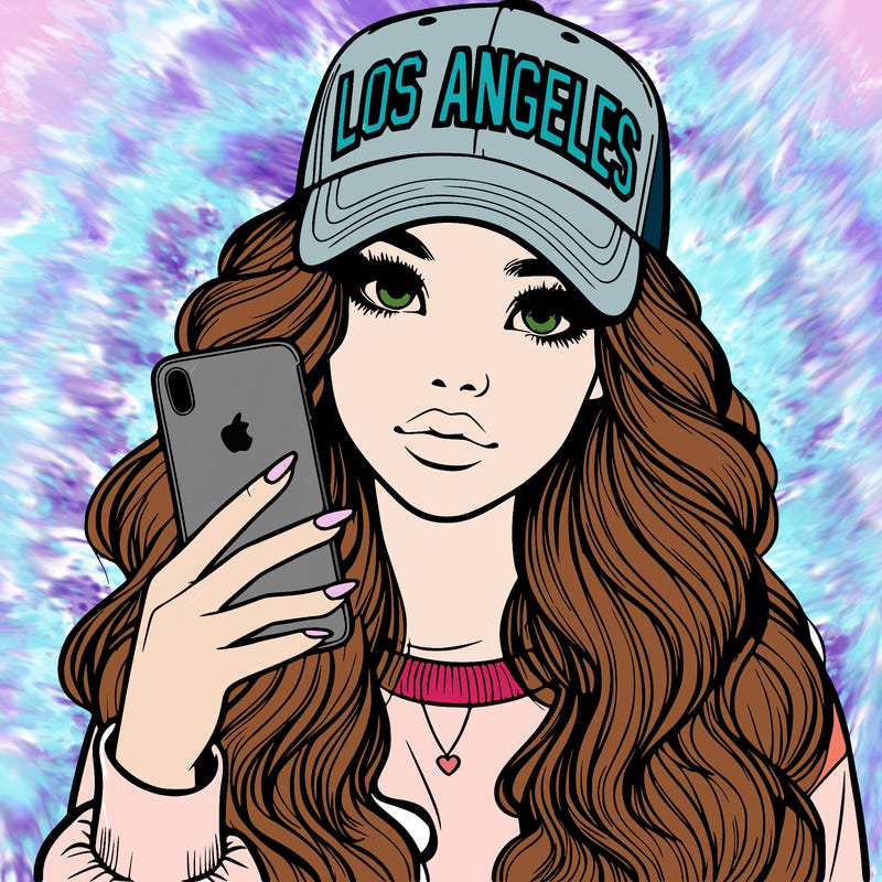 realistic beautiful girl wearing los ángeles cap holding an iphone