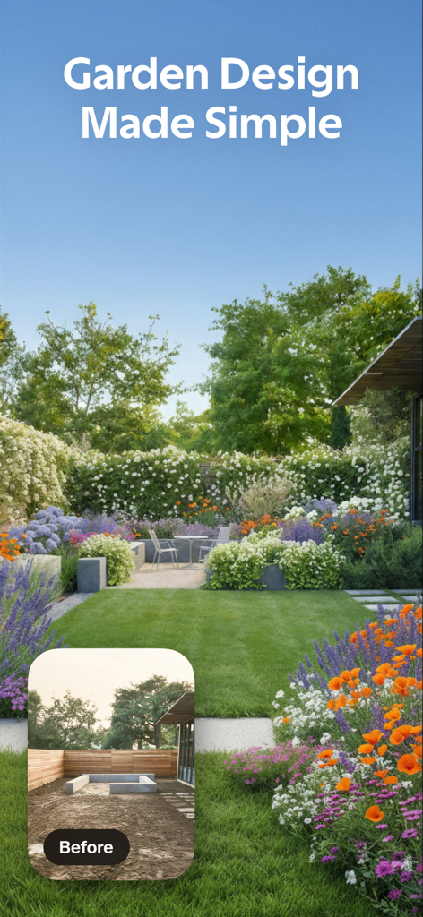 AI Decor - AI Home Design - Before and after comparison of a garden landscape design created with AI Decor