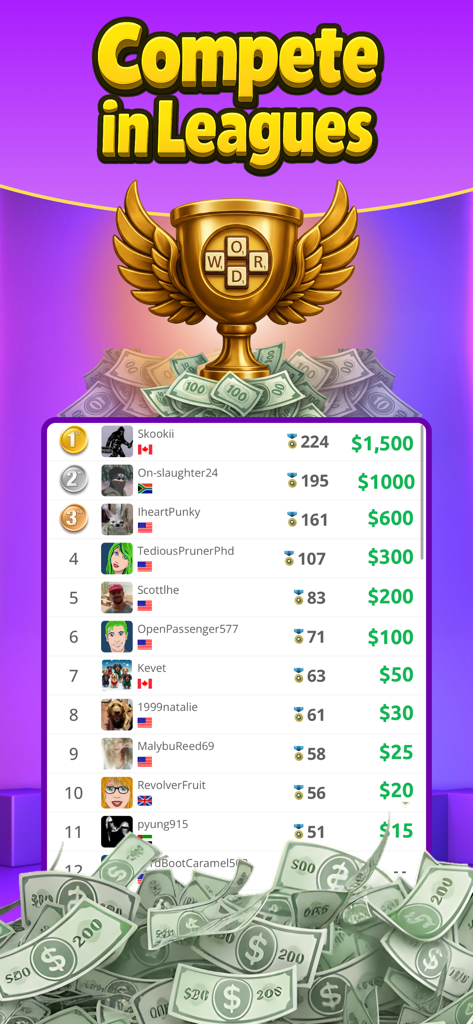 Leaderboard displaying player rankings and cash prizes for word search tournaments