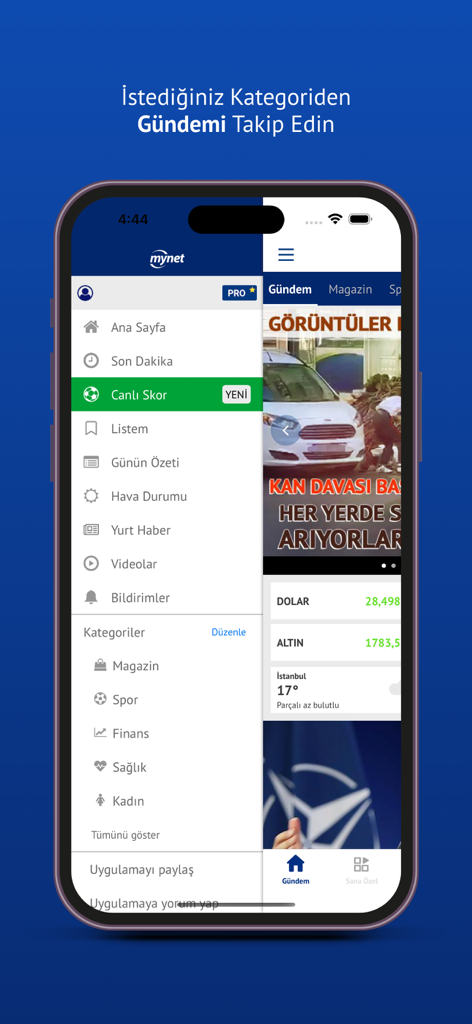 Mynet Haber - Son Dakika - Smartphone screen showing the category menu of the Mynet Haber Turkish news app