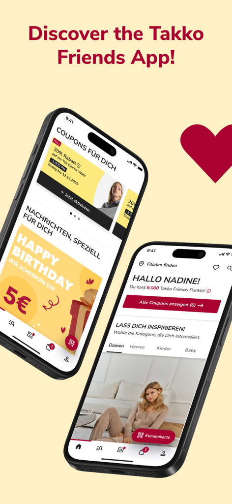 Zwei Smartphones, die die Takko Friends App-Oberfläche mit Treueprämien und Rabattgutscheinen zeigen