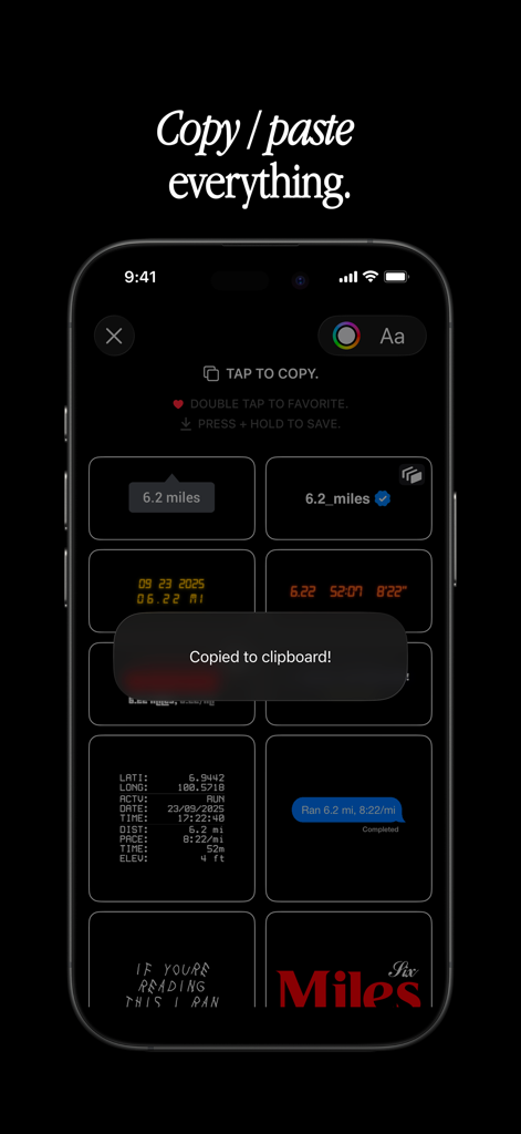 Share Aura mobile app screen showing a variety of aesthetic workout stat stickers ready to be copied to the clipboard.
