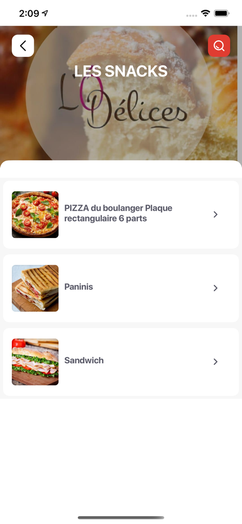 Kikidrop - Kikidrop app interface displaying a snacks category menu with options for pizza paninis and sandwiches