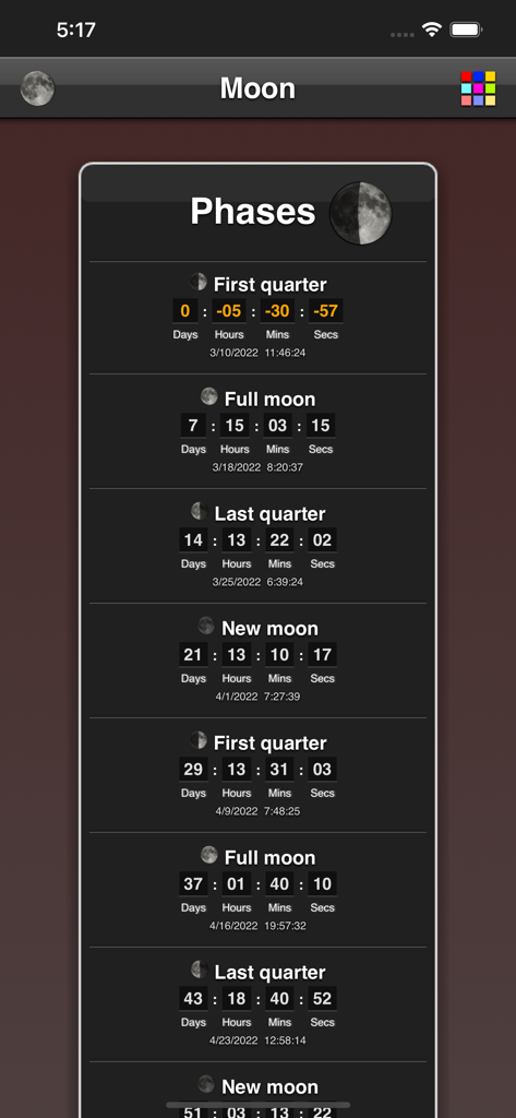 Moon Phases - 満月と新月の満ち欠けのカウントダウンタイマーと正確な日付を示す、今後の月のサイクルのリスト。